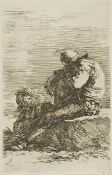 Dos guerreros, uno sentado y dormido sobre una roca en primer plano, de la serie Figurine