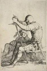 Dos guerreros, uno sentado en una roca baja en primer plano y sosteniendo un martillo de guerra; la otra figura sentada en el suelo detrás de él, sosteniendo una maza sobre su hombro derecho y mirando hacia la figura en primer plano, de la serie Figurine