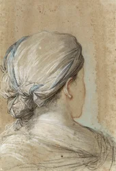 mujer vista por detrás con pañuelo en la cabeza (tiza sobre papel)