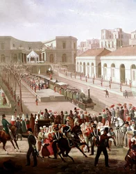 Inauguración de la línea ferroviaria entre Nápoles y Portici en 1839 en presencia del rey Fernando II. Detalle. Fechas de vida del artista: 1799-1877. Museo Nazionale di San Martino, Nápoles.