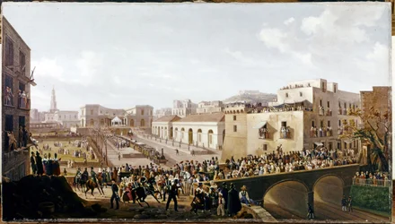 FERROCARRIL: Inauguración del primer ferrocarril vesubiano, Nápoles-Portici. 3 de octubre de 1839 (óleo sobre lienzo)