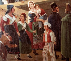 Trajes tradicionales napolitanos: gente del pueblo, detalle, 1859, Museo Nazionale di San Martino, Nápoles