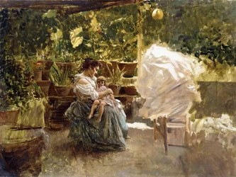 Una madre con su hijo en una veranda (óleo sobre lienzo)