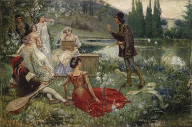 El Decamerón par Salvatore Postiglione (1861-1906). Óleo sobre lienzo, tamaño : 100x151