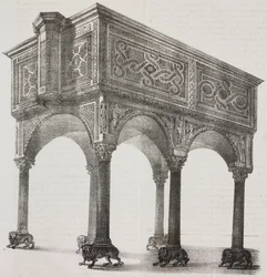 Antiguo ambón de la catedral de Sessa Aurunca, Campania, Italia, litografía de Salvatore Puglia según dibujo de Pasquale Mattei (1813-1879) de Poliorama Pittoresco, n 43, 31 de mayo.