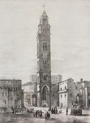 Campanario de la catedral de Gaeta, Lacio, Italia, litografía de Salvatore Puglia sobre dibujo de Pasquale Mattei (1813-1879), de Poliorama Pittoresco, n 48, 6 de julio.