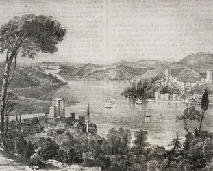 Castillos del Bósforo en las costas de Asia y Europa, Turquía, litografía de Gaetano Riccio de Poliorama Pittoresco, n 18, 9 de diciembre