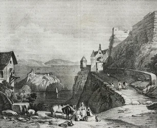 Castillo de Parga, Albania, litografía de Salvatore Puglia de Poliorama Pittoresco, n 9, 9 de octubre