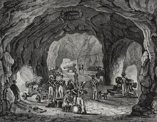 Cueva cerca del Peñón de Gibraltar, España, litografía de Salvatore Puglia de Poliorama Pittoresco, n 20, 24 de diciembre