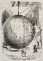 Globo aerostático de cobre inventado por Edmond Marey-Monge, Francia, litografía de Salvatore Puglia del Poliorama Pittoresco, n 41, 18 de mayo.