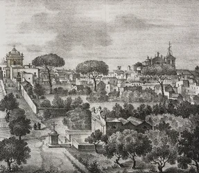 Vista este de Mesagne, Apulia, Italia, litografía de Salvatore Puglia de Poliorama Pittoresco, n 45, 15 de junio.