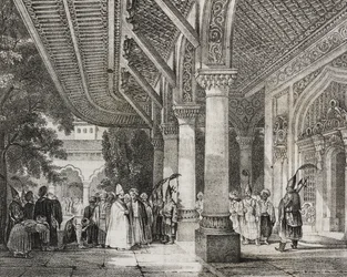 Vestíbulo de Serraglio, Turquía, desde el harén de la historia en Oriente, litografía de Poliorama Pittoresco, n 12, 28 de octubre