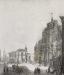 Fachada de la Basílica de San Sebastiano en Acireale, Sicilia, Italia, litografía de Salvatore Puglia de Poliorama Pittoresco, n 39, 3 de mayo