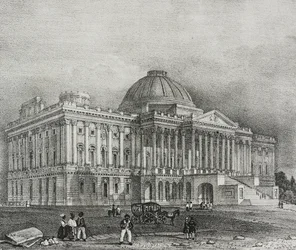 Fachada del edificio del Capitolio en Washington, EE.UU., litografía de Salvatore Puglia de Poliorama Pittoresco, n 42, 28 de mayo.