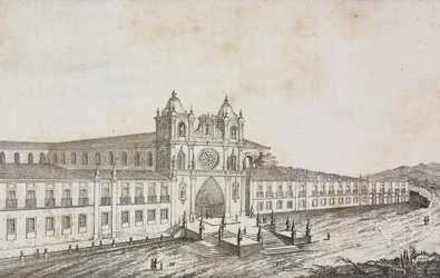 Fachada del monasterio de Alcobaca, Portugal, litografía de Salvatore Puglia de Poliorama Pittoresco, n 50, 19 de julio