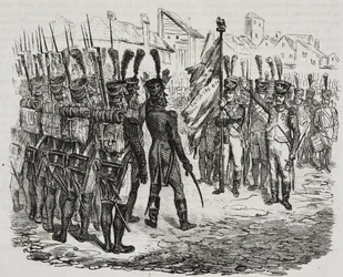 Bandera del 84º regimiento, litografía de Salvatore Puglia extraída de la Historia de Napoleón de Cesare Malpica (1804-1848), del Poliorama Pittoresco, n 16, 25 de noviembre.