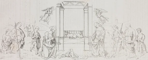Natividad de Fontignano, Adoración de los pastores, litografía de Salvatore Puglia sobre pintura de Pietro Perugino (hacia 1450-1523) de Poliorama Pittoresco, n 42, 24 de mayo.
