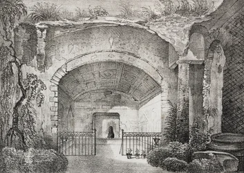 Salón de la antigua villa del Príncipe de Caposele en Formia, Lacio, Italia, litografía de Salvatore Puglia de Poliorama Pittoresco, n 23, 11 de enero.