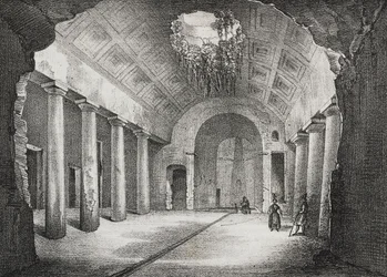 Salón de la antigua villa del Príncipe de Caposele en Formia, Lacio, Italia, litografía de Salvatore Puglia de Poliorama Pittoresco, n 23, 11 de enero.