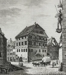 Casa de Albrecht Durer (1471-1528) en Nuremberg, Alemania, litografía de Salvatore Puglia de Poliorama Pittoresco, n 31, 12 de marzo