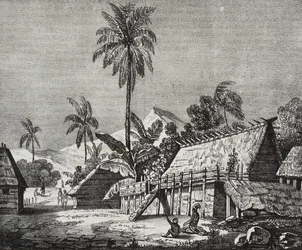 Casa de la reina de la isla Noukahiva (hoy Nuku Hiva), Islas Marquesas, Polinesia Francesa, litografía de Salvatore Puglia de Poliorama Pittoresco, n 37, 22 de abril.