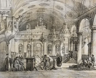 Interior de la iglesia griega de Baloukli, cerca de Constantinopla, Turquía, litografía de Salvatore Puglia de Poliorama Pittoresco, n 28, 15 de febrero.