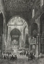Interior de la Capilla Palatina en el Palazzo dei Normanni o Palacio Real de Palermo, Sicilia, Italia, litografía de Salvatore Puglia de Poliorama Pittoresco, n 41, 21 de mayo.