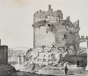 Mausoleo de Cecilia Metella en Via Appia, Roma, Lacio, Italia, litografía de Salvatore Puglia del Poliorama Pittoresco, n 20, 21 de diciembre