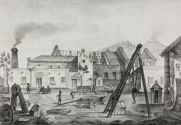 Reale Opificio meccanico (Real Fábrica Mecánica) en Pietrarsa, Campania, Italia, litografía de Gaetano Riccio de Poliorama Pittoresco, n 39, 7 de mayo.