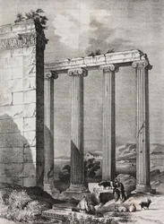 Ruinas del templo jónico de Tchavdere, Asia Menor, litografía de Salvatore Puglia de Poliorama Pittoresco, n 37, 19 de abril.