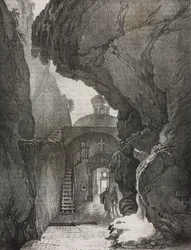 Santuario de la Santísima Trinidad o Santuario de la Montaña Partida, Gaeta, Lacio, Italia, litografía de Salvatore Puglia de Poliorama Pittoresco, n 43, 1 de junio.