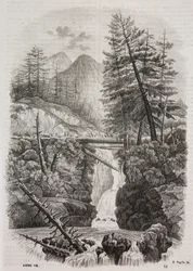 Puente colgante sobre los Pirineos, España, litografía de Salvatore Puglia de Poliorama Pittoresco, n 16, 23 de noviembre