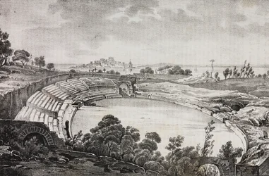 El anfiteatro de Siracusa, Sicilia, Italia, litografía de Salvatore Puglia del Poliorama Pittoresco, n 7, 21 de septiembre.