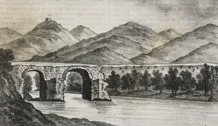 El puente roto cerca de Capua, Campania, Italia, litografía de Salvatore Puglia de Poliorama Pittoresco, n 23, 13 de enero.
