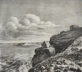 Tumba de Francois-Rene de Chateaubriand en Saint-Malo, Francia, litografía de Gaetano Riccio de Poliorama Pittoresco, n 32, 18 de marzo.