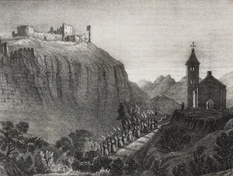 Viaje a Cappelluccia, escena de Linterna mágica, colección de cuentos e imágenes, litografía de Salvatore Puglia de Poliorama Pittoresco, n 41, 17 de mayo