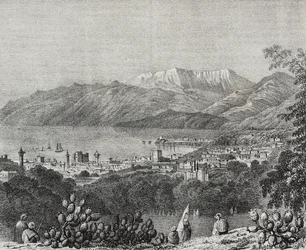 Vista de Beirut y la cordillera del Monte Líbano, Líbano, litografía de Salvatore Puglia de Poliorama Pittoresco, n 8, 1 de octubre