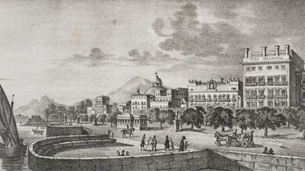 Vista del foro Borbón y del hotel Trinacria, Palermo, Sicilia, Italia, litografía de Salvatore Puglia sobre grabado de Di Giovanni de Poliorama Pittoresco, n 37, 19 de abril.