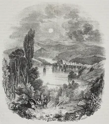 Vista de los alrededores del lago Cefiso en Beocia, Grecia, litografía de Salvatore Puglia de Poliorama Pittoresco, n 9, 8 de octubre