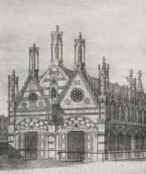 Vista de la iglesia de Santa Maria della Spina en Pisa, Toscana, Italia, litografía de Salvatore Puglia de Poliorama Pittoresco, n 34, 29 de marzo
