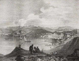 Vista de Corfú desde el Monte Oliveto, Islas Jónicas, Grecia, litografía de Salvatore Puglia de Poliorama Pittoresco, n 25, 25 de enero