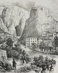 Vista de Fontaine-de-Vaucluse, Francia, litografía de Sardi del Poliorama Pittoresco, n 51, 30 de julio