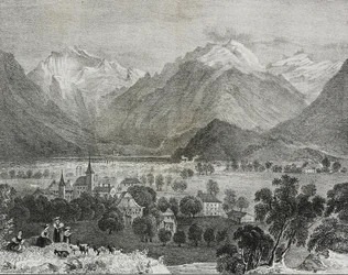 Vista de Interlaken, Suiza, litografía de Salvatore Puglia del Poliorama Pittoresco, n 36, 16 de abril
