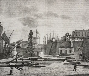 Vista de la dársena de Livorno, Toscana, Italia, litografía de Salvatore Puglia de Poliorama Pittoresco, n 38, 26 de abril
