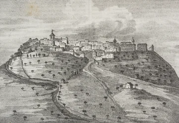 Vista de Montefuscolo, hoy Montefusco, Campania, Italia, litografía de Salvatore Puglia de Poliorama Pittoresco, n 41, 20 de mayo.