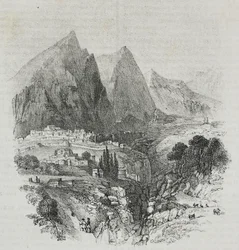 Vista del monte Parnaso desde Delfos, Grecia, litografía de Salvatore Puglia de Poliorama Pittoresco, n 46, 25 de junio