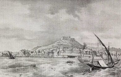Vista de Nápoles desde el mar, Campania, Italia, litografía de Salvatore Puglia de Poliorama Pittoresco, n 2, 17 de agosto