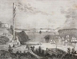 Vista de la bahía de Nueva York desde la estación telegráfica, Estados Unidos de América, litografía de Salvatore Puglia del Poliorama Pittoresco, n 6, 14 de septiembre
