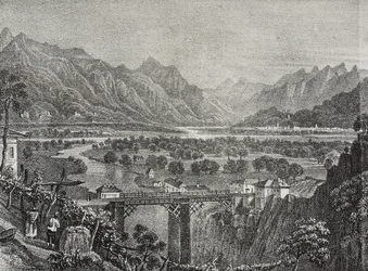 Vista del valle de Ossola desde Sempione, Piamonte, Italia, litografía de Salvatore Puglia de Poliorama Pittoresco, n 28, 18 de febrero