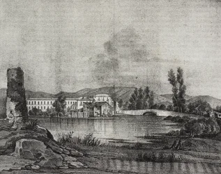 Vista de la fábrica e iglesia de Santa Restituta a orillas del río Fibreno en Cornello, Lacio, Italia, litografía de Salvatore Puglia sobre dibujo de Raffaele Carelli, de Poliorama Pittoresco, n 16, 26 de noviembre.